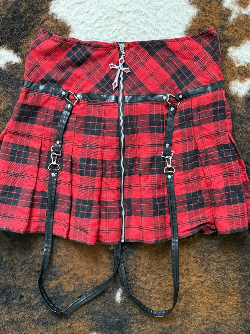 Red Plaid Mini Skirt with Black Trim and Strap Details